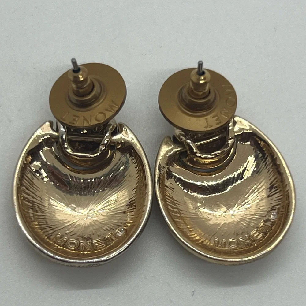Vintage Monet‎ Gold Tone and Rhinestone Pierced Dangle Earrings